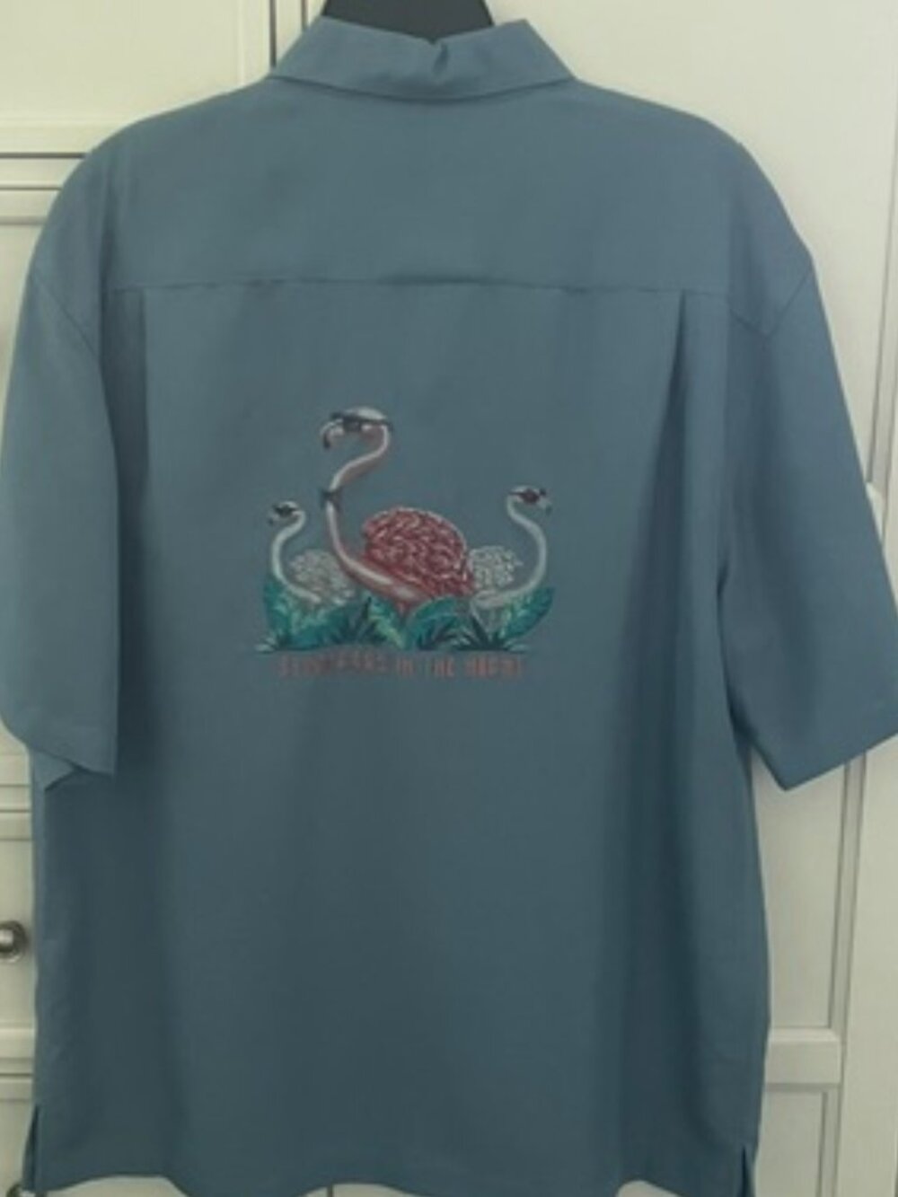 Men's Caribbean Button-Down Shirt Embroidered with Flamingos - Large